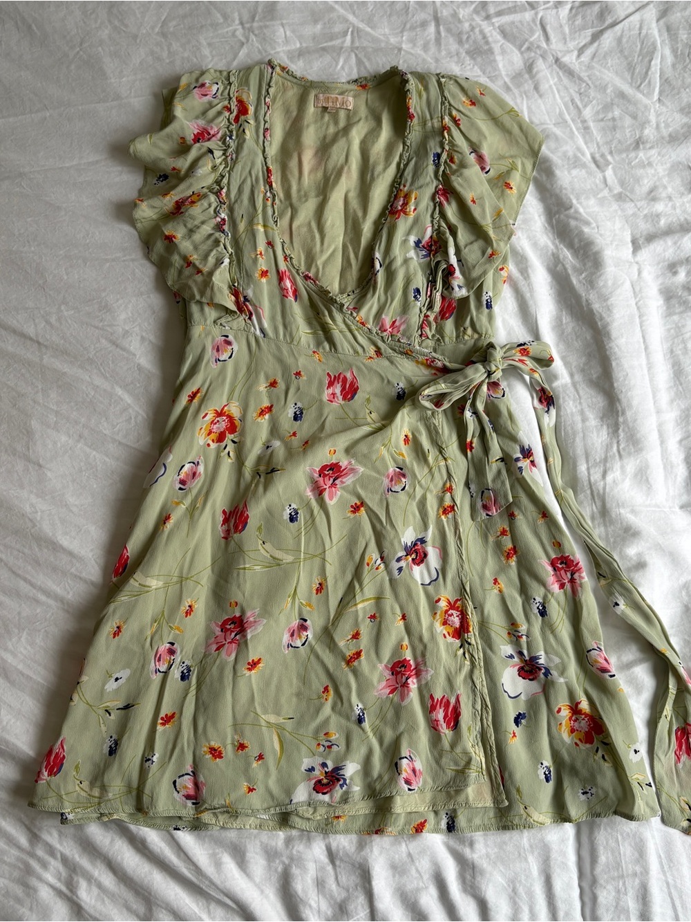 By TiMO Day Lily Green Ruffle Trim Shirt Sleeve Spring Wrap Dress Size Small